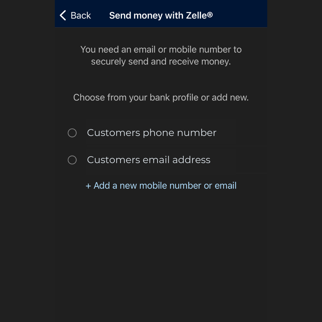 Step 3 of Zelle Instructions. Enroll in your email address or U.S. mobile number.