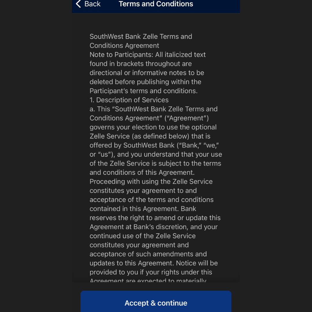 Step 4 of Zelle Instructions. Accept the Terms and Conditions. 